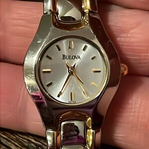 Bulova Ladies Watch Two-Tone Bracelet White Dial Gold Markers 98t64